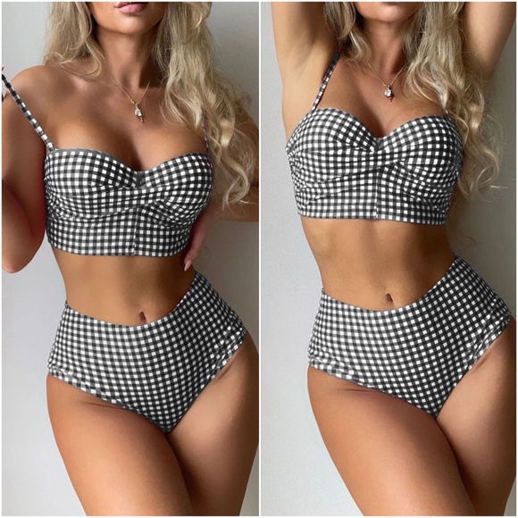 Gingham Print Padded High waisted Swim Beach Bikini - Picture 5 of 6